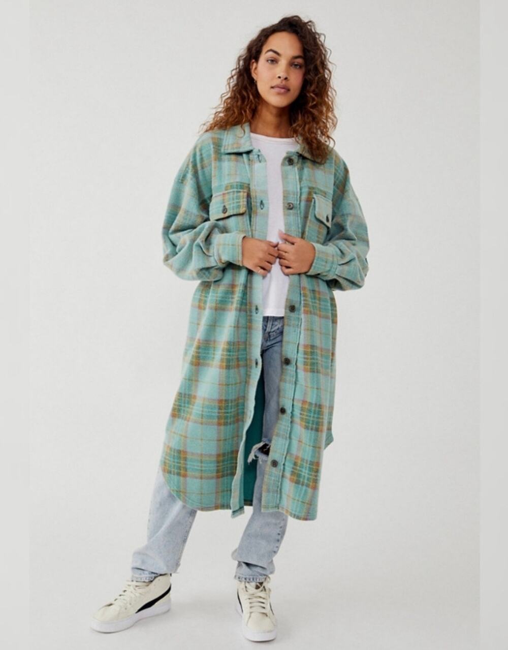 We The Free Plaid Long Ruby Shacket, Mint Green, Size Med